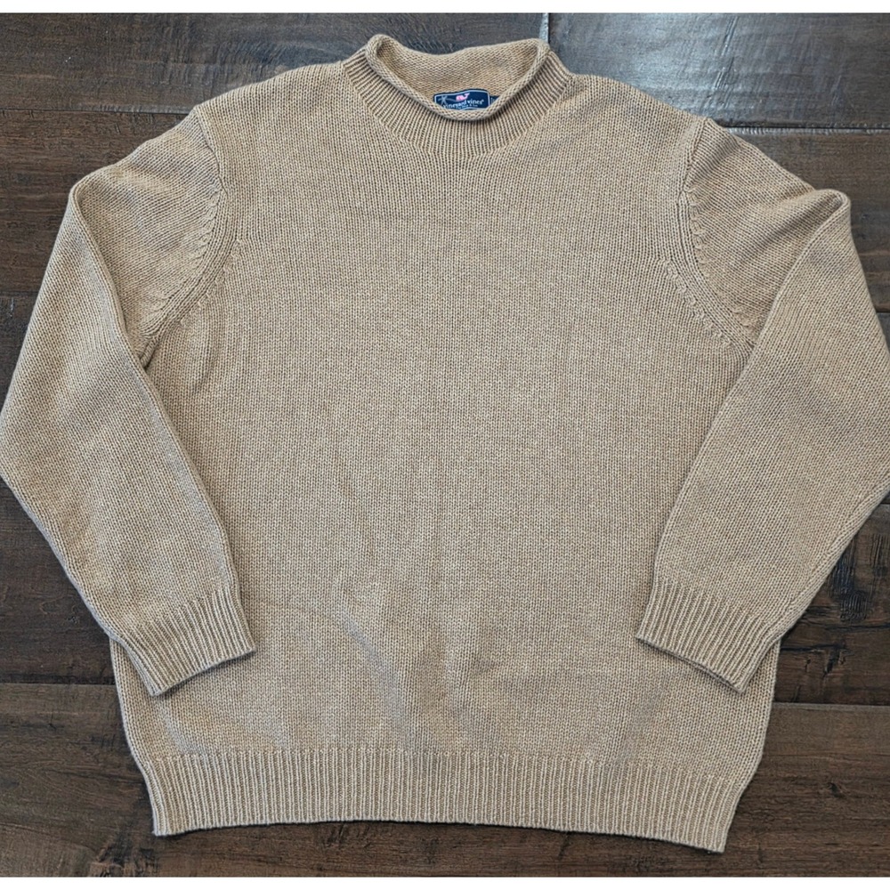 Coastal Old Money Preppy Mens XXL Tan Chuncky Merino Wool Mock Neck Ribbed